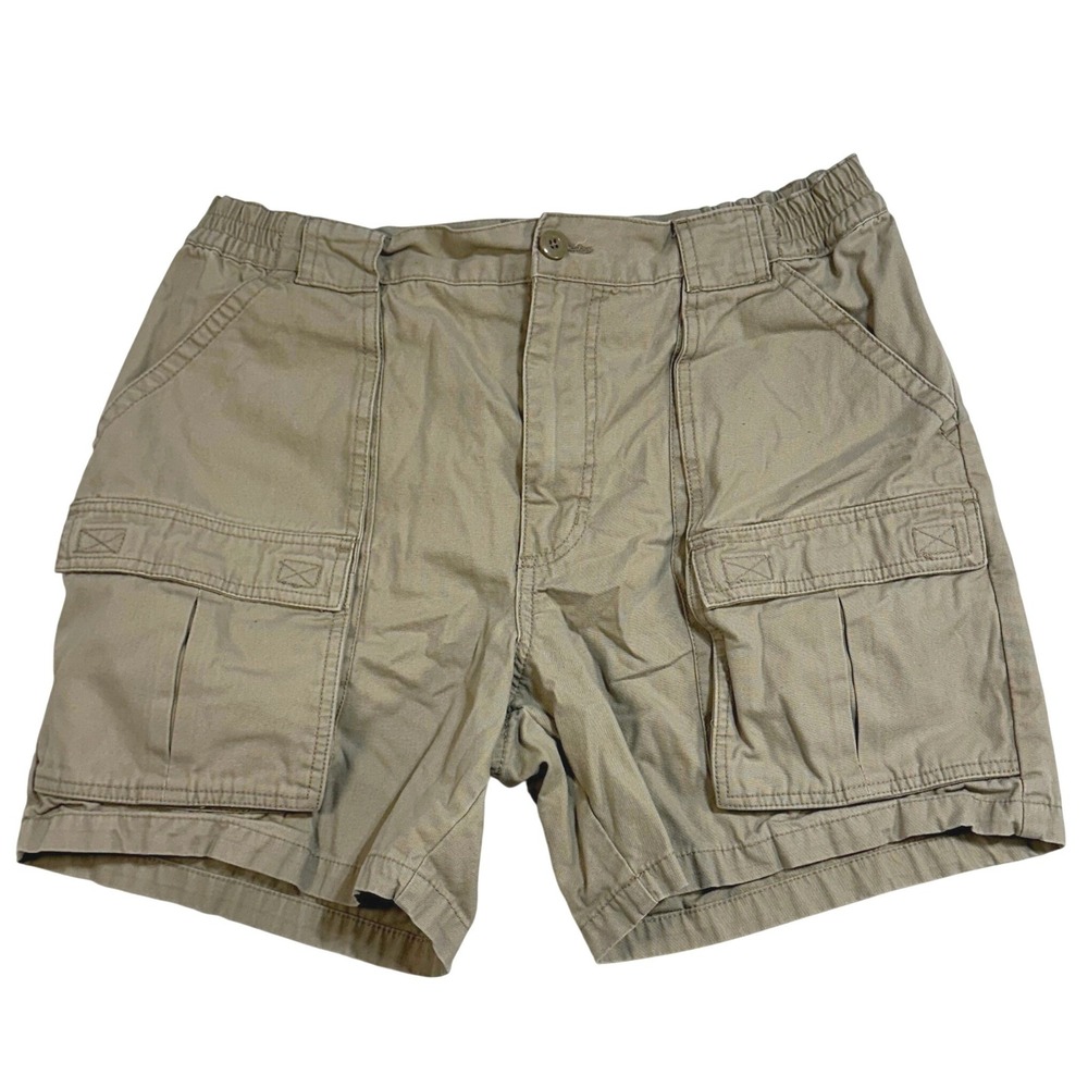 Mens Khaki Cotton Canvas Cargo Shorts Size 34 Elastic Waist Tan 6in Dad Grandpa